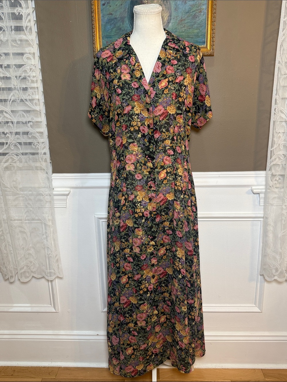 New York Studio Vintage 90s Floral Chiffon Button Front Maxi Dress Size 12